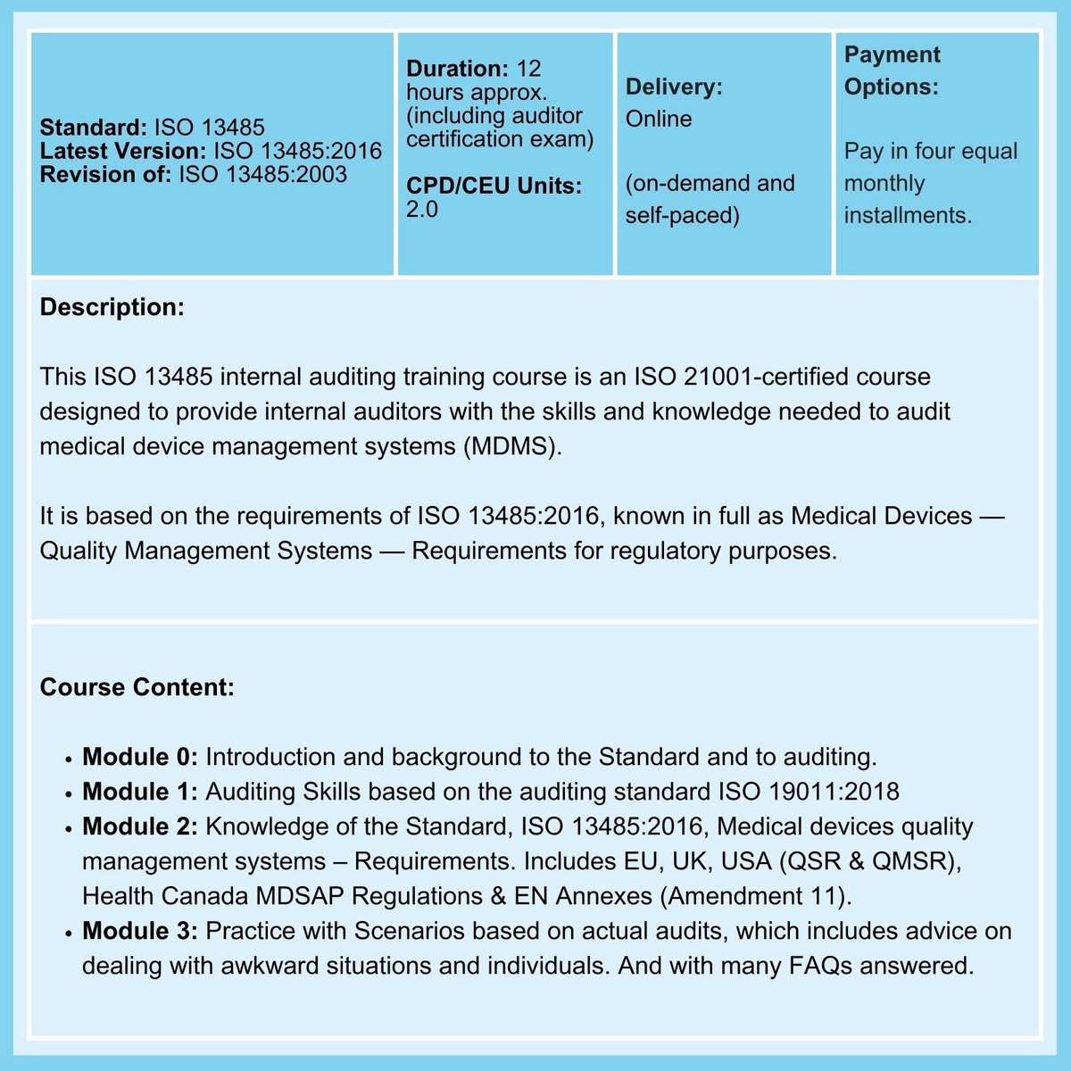 ISO 13485 Internal Auditor Training and Certification Course Summary