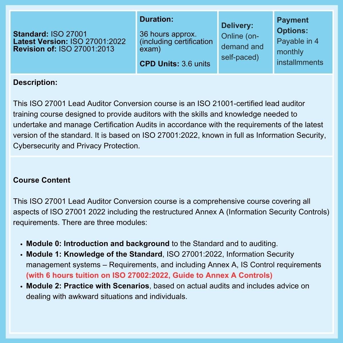 ISO 27001 Lead Auditor Conversion Training and Certification Course Summary