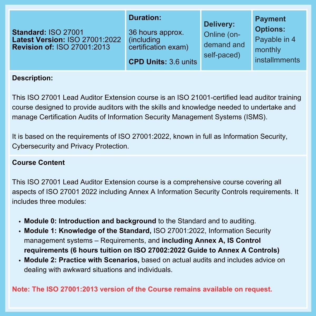 ISO 27001 Lead Auditor Extension Training and Certification Course Summary