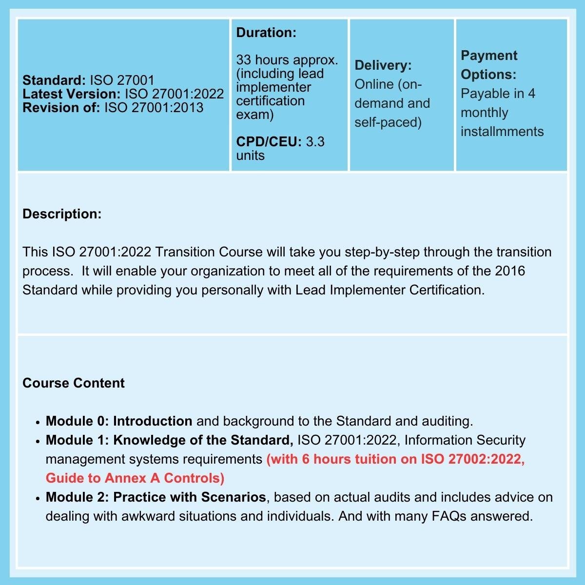 ISO 27001 Transition Training and Certification Course Summary