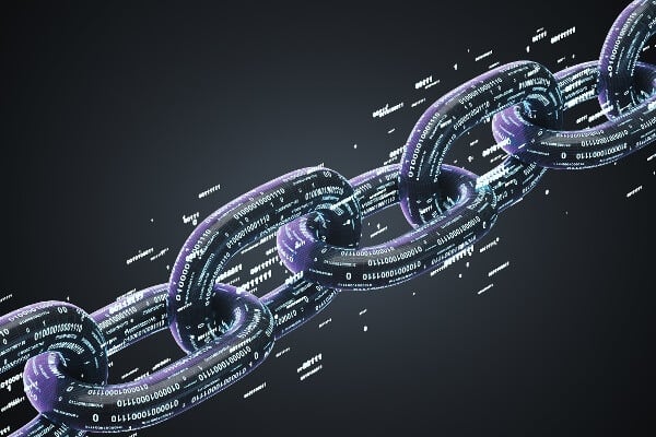 Illustration of a chain printed with binary numbers to represent blockchain technology and information security