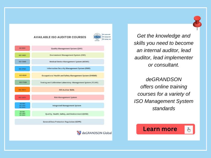 Graphic showing the list of ISO training and certification courses that deGRANDSON offers and a button leading to the auditor courses overview page