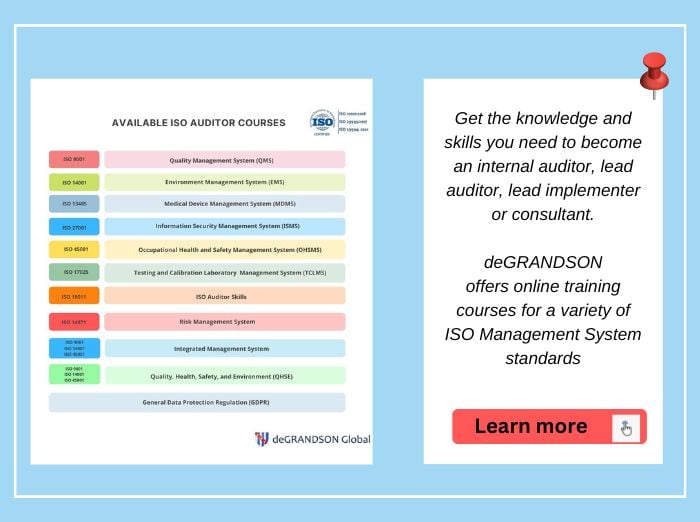 Graphic showing the list of ISO training and certification courses that deGRANDSON offers and a button leading to the auditor courses overview page